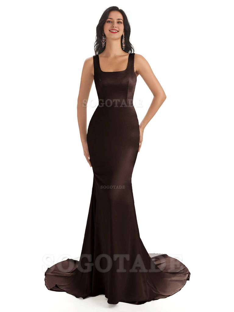 Soft Satin Unique Square Neckline Maxi Long Mermaid Bridesmaid Dresses