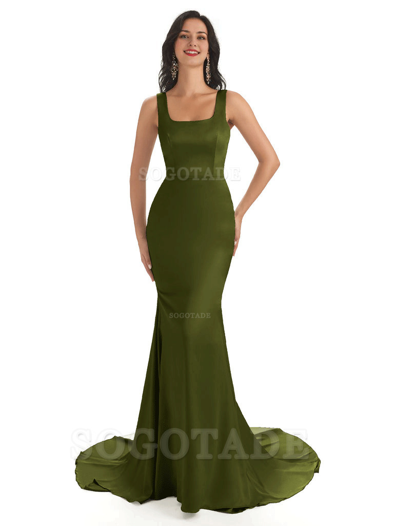 Soft Satin Unique Square Neckline Maxi Long Mermaid Bridesmaid Dresses