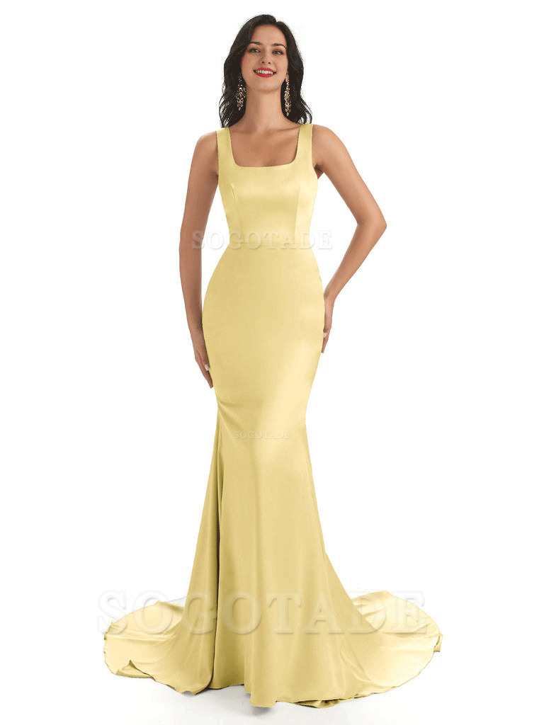 Soft Satin Unique Square Neckline Maxi Long Mermaid Bridesmaid Dresses
