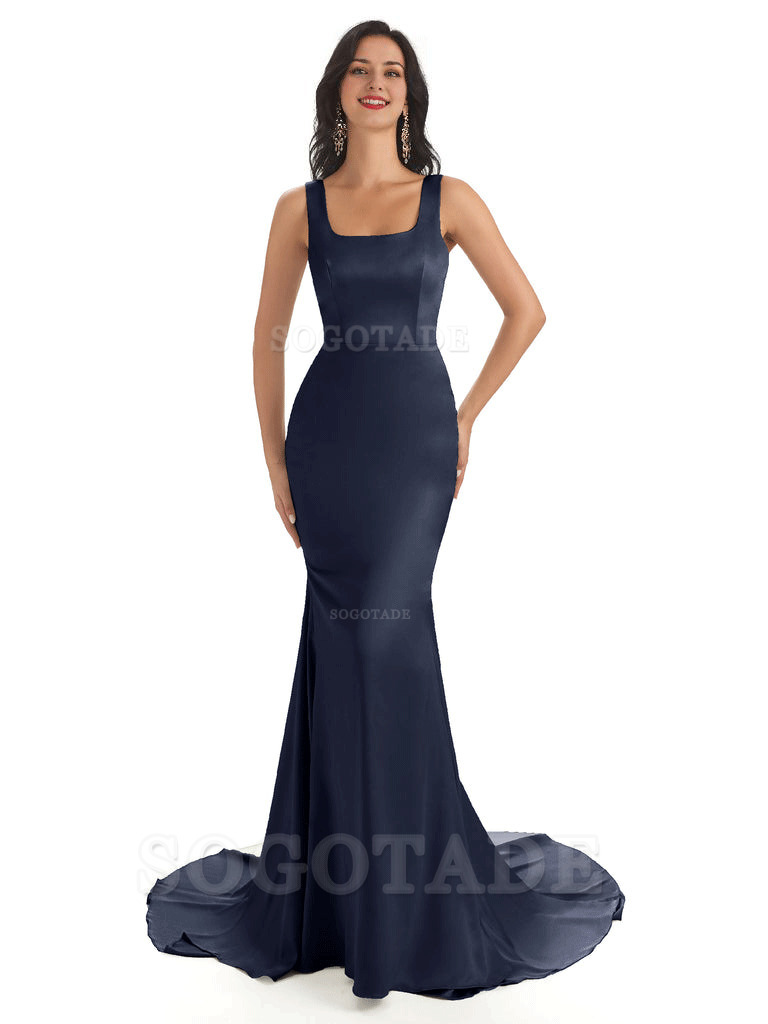 Soft Satin Unique Square Neckline Maxi Long Mermaid Bridesmaid Dresses