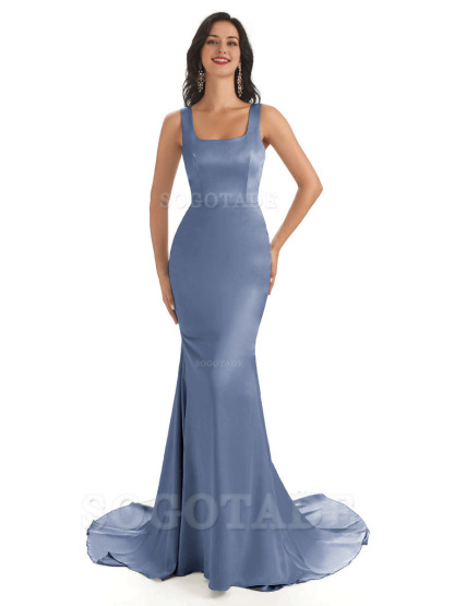 Soft Satin Unique Square Neckline Maxi Long Mermaid Bridesmaid Dresses