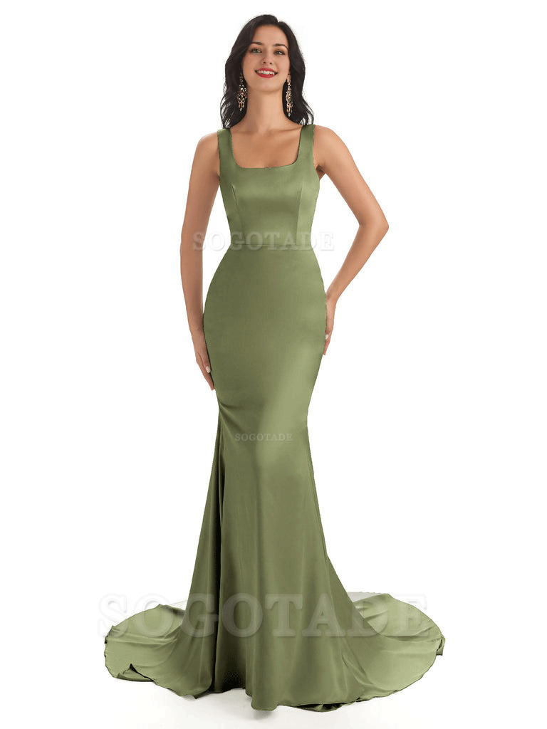 Soft Satin Unique Square Neckline Maxi Long Mermaid Bridesmaid Dresses