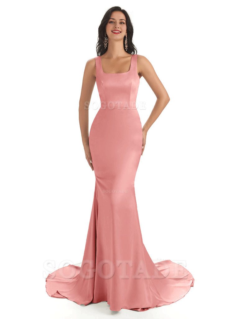 Soft Satin Unique Square Neckline Maxi Long Mermaid Bridesmaid Dresses