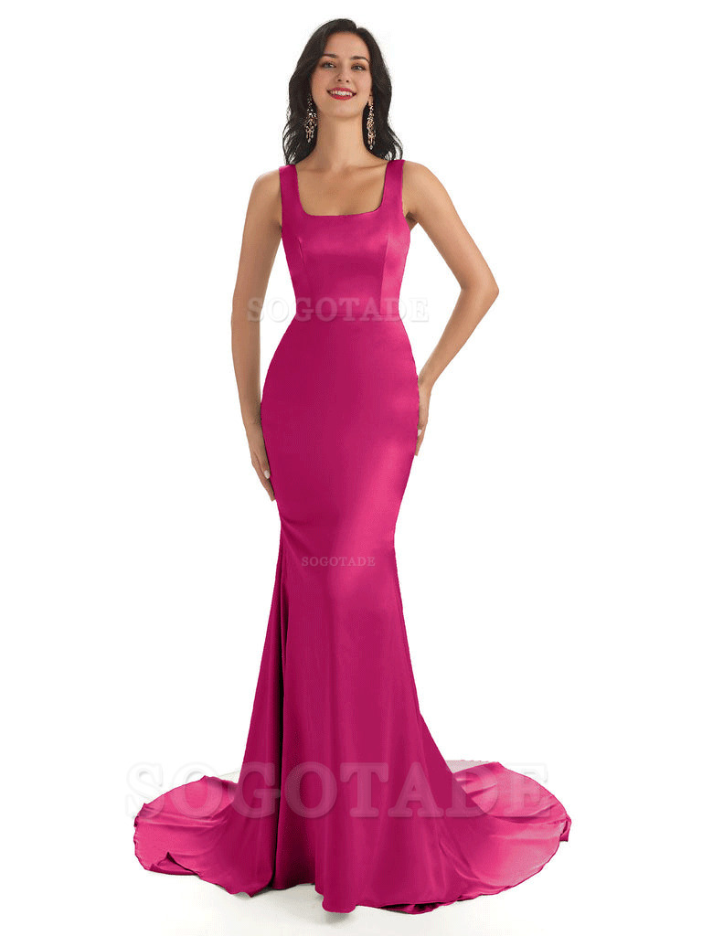 Soft Satin Unique Square Neckline Maxi Long Mermaid Bridesmaid Dresses