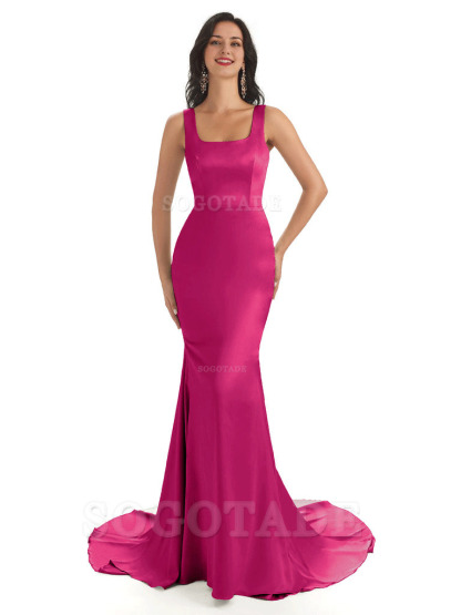 Soft Satin Unique Square Neckline Maxi Long Mermaid Bridesmaid Dresses