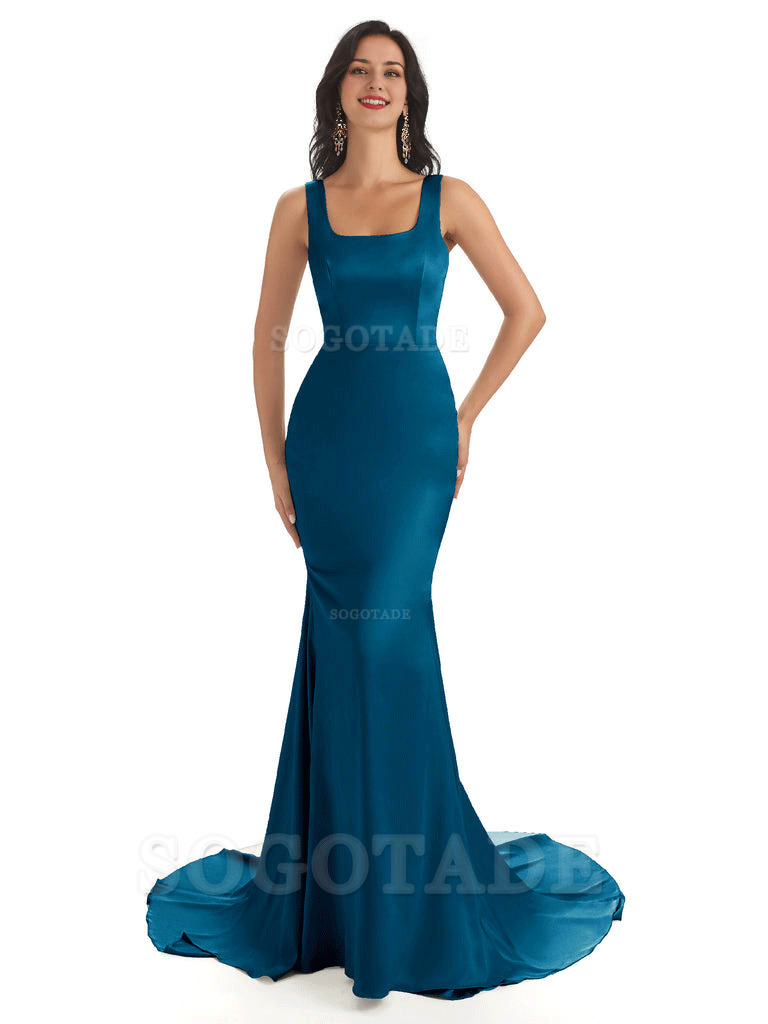 Soft Satin Unique Square Neckline Maxi Long Mermaid Bridesmaid Dresses