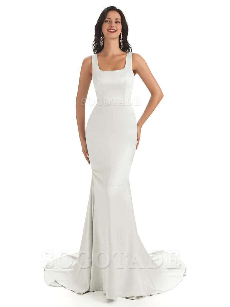 Soft Satin Unique Square Neckline Maxi Long Mermaid Bridesmaid Dresses