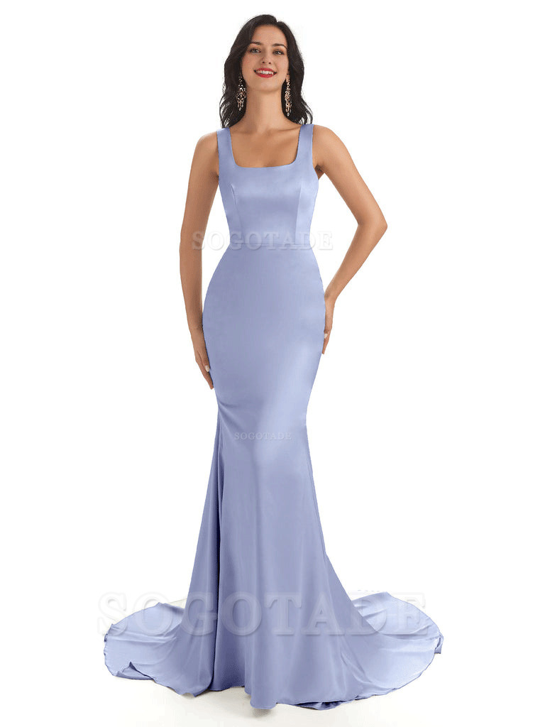 Soft Satin Unique Square Neckline Maxi Long Mermaid Bridesmaid Dresses