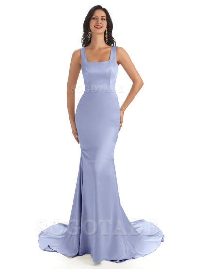 Soft Satin Unique Square Neckline Maxi Long Mermaid Bridesmaid Dresses
