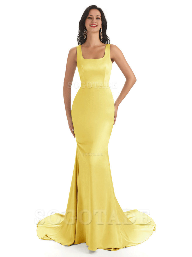 Soft Satin Unique Square Neckline Maxi Long Mermaid Bridesmaid Dresses