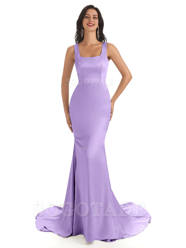 Soft Satin Unique Square Neckline Maxi Long Mermaid Bridesmaid Dresses