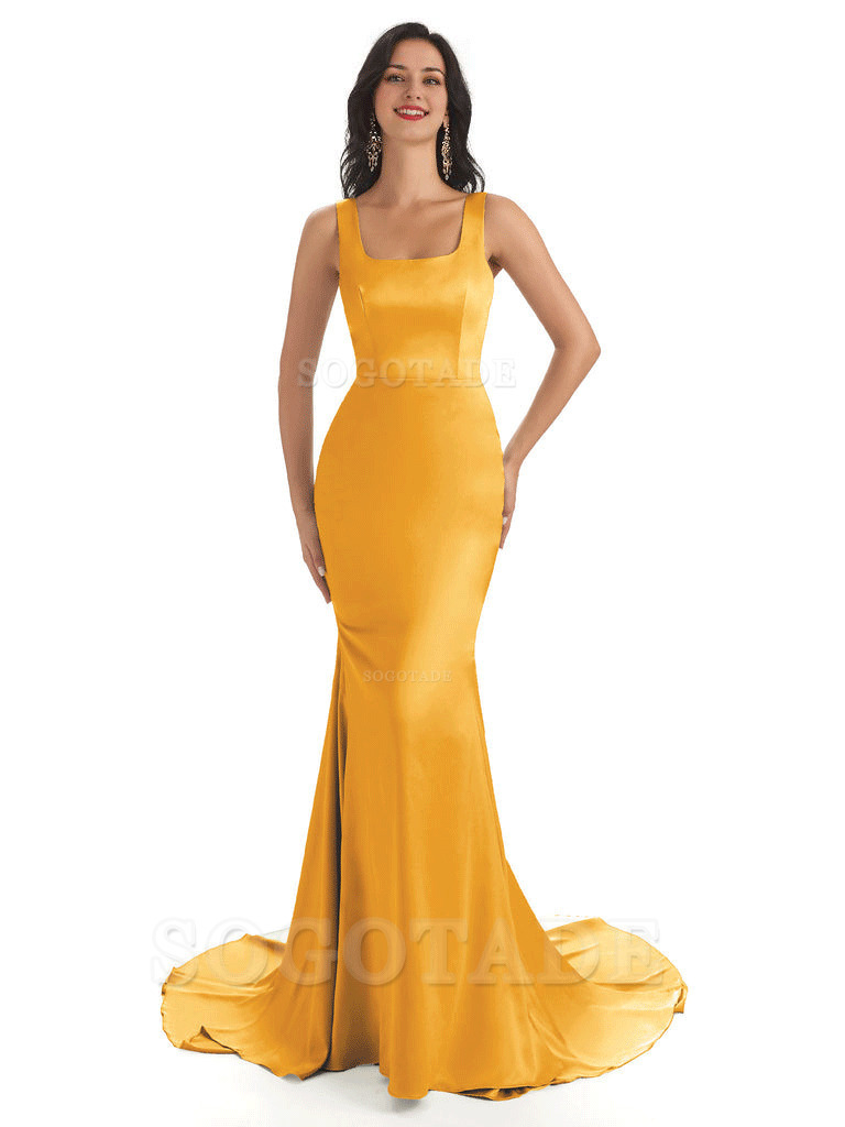 Soft Satin Unique Square Neckline Maxi Long Mermaid Bridesmaid Dresses