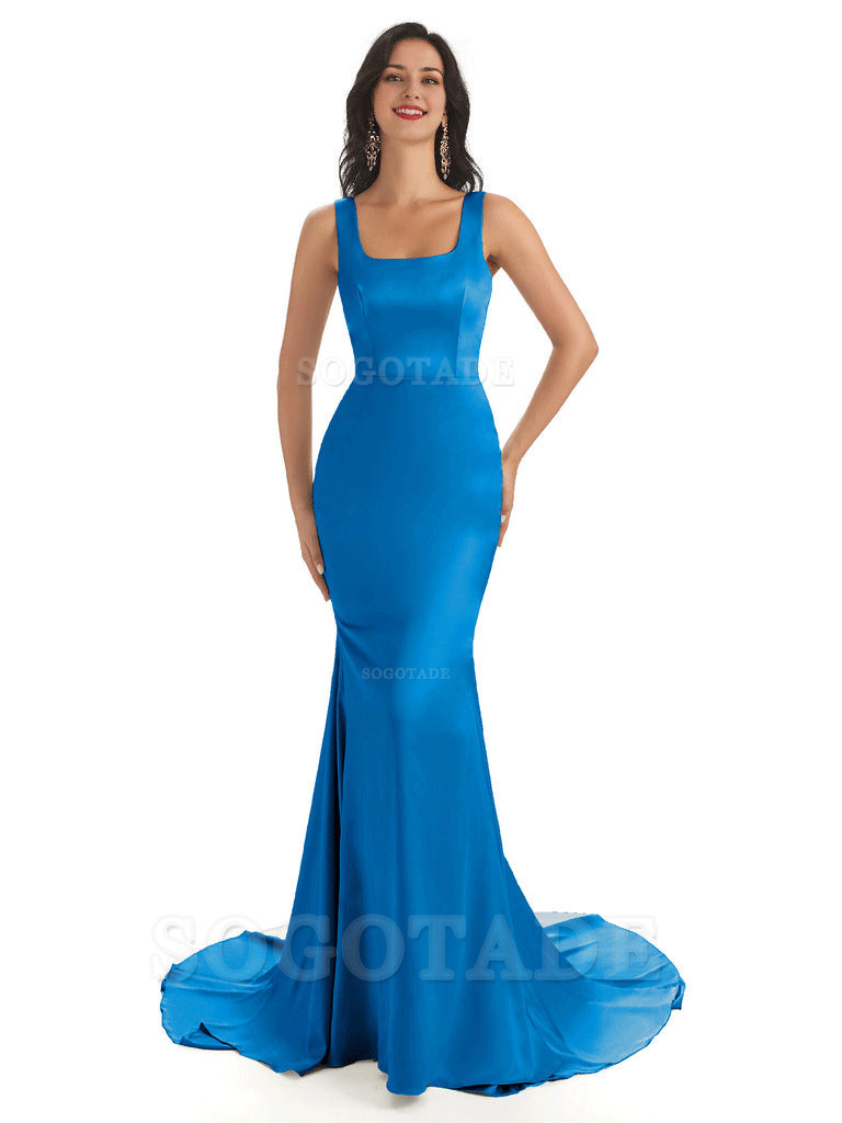 Soft Satin Unique Square Neckline Maxi Long Mermaid Bridesmaid Dresses