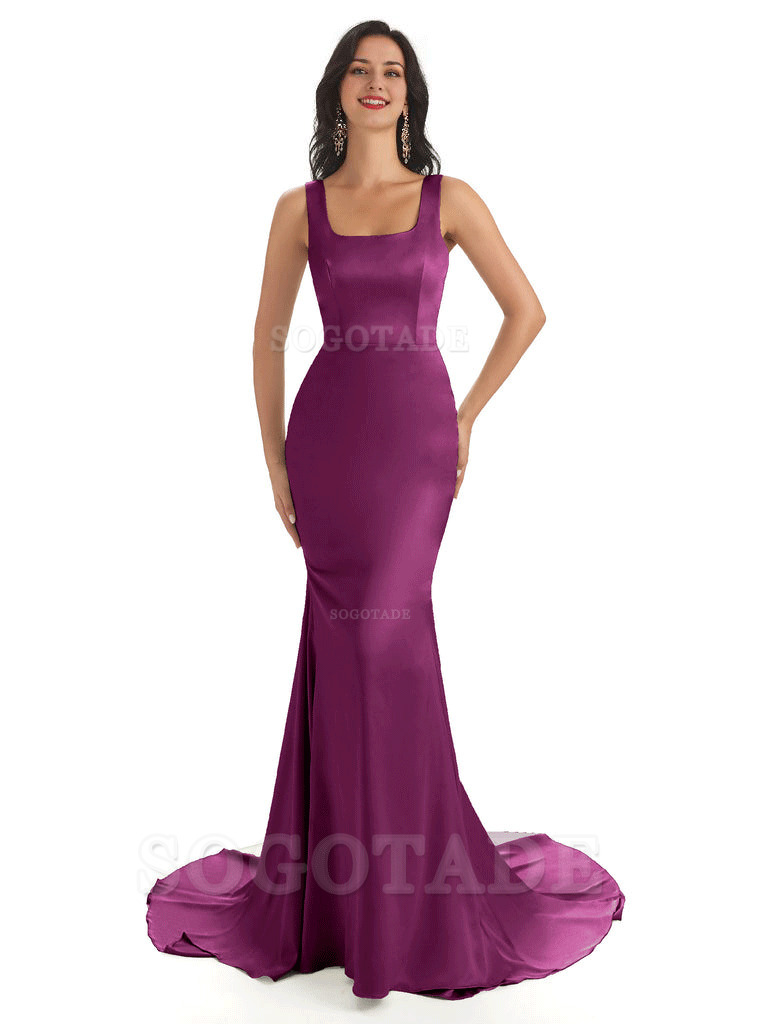 Soft Satin Unique Square Neckline Maxi Long Mermaid Bridesmaid Dresses