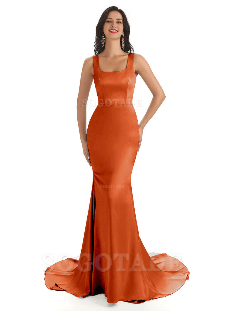 Soft Satin Unique Square Neckline Maxi Long Mermaid Bridesmaid Dresses