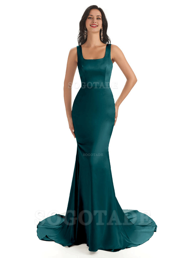 Soft Satin Unique Square Neckline Maxi Long Mermaid Bridesmaid Dresses