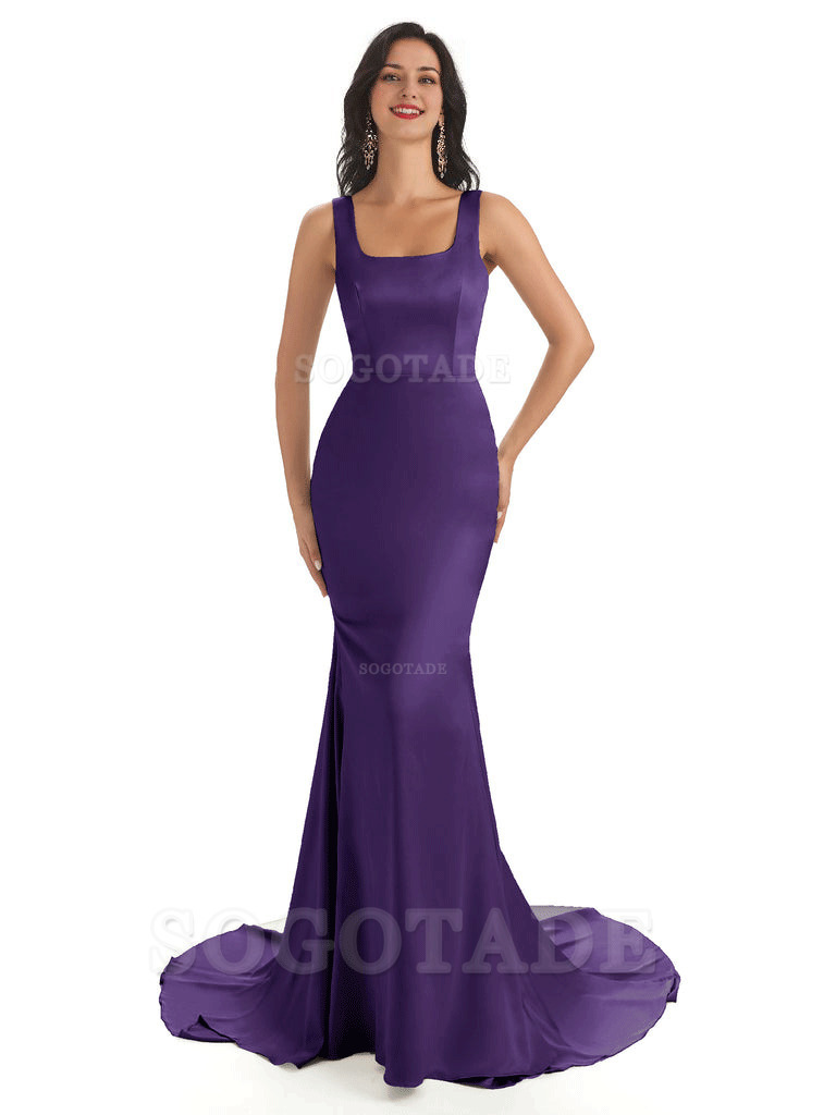 Soft Satin Unique Square Neckline Maxi Long Mermaid Bridesmaid Dresses
