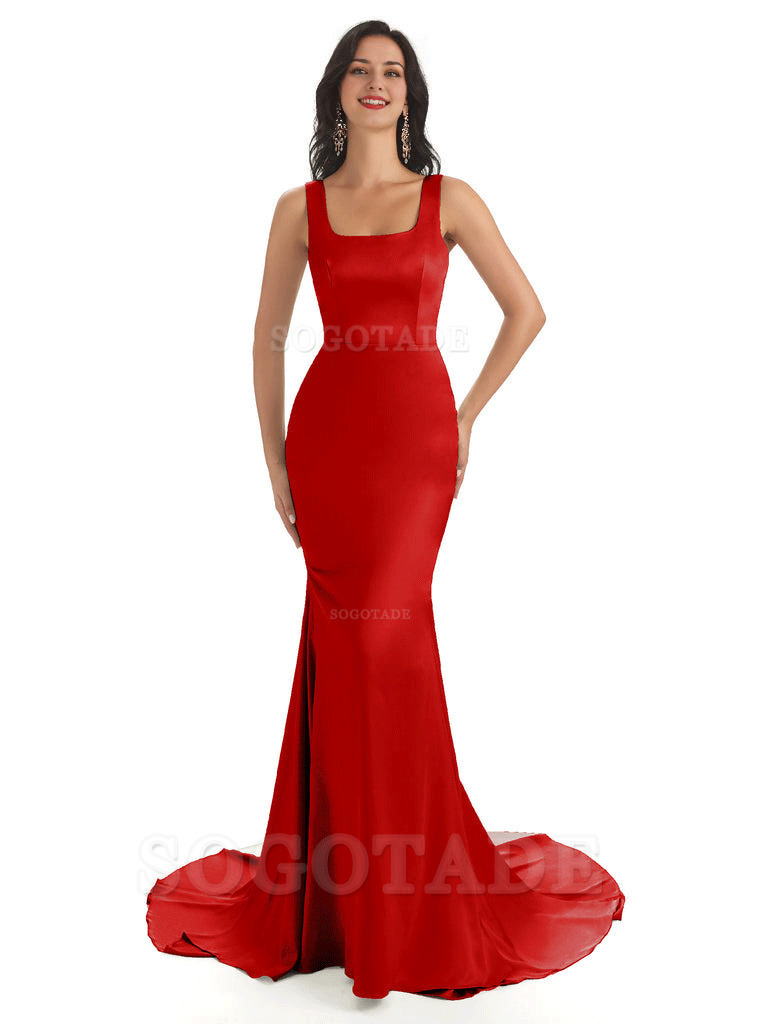Soft Satin Unique Square Neckline Maxi Long Mermaid Bridesmaid Dresses
