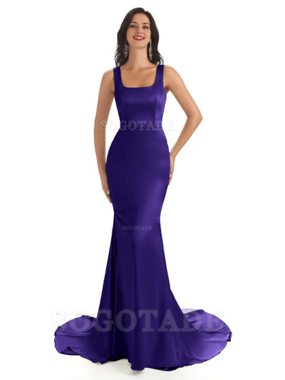 Soft Satin Unique Square Neckline Maxi Long Mermaid Bridesmaid Dresses