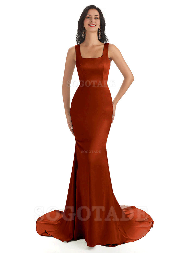 Soft Satin Unique Square Neckline Maxi Long Mermaid Bridesmaid Dresses