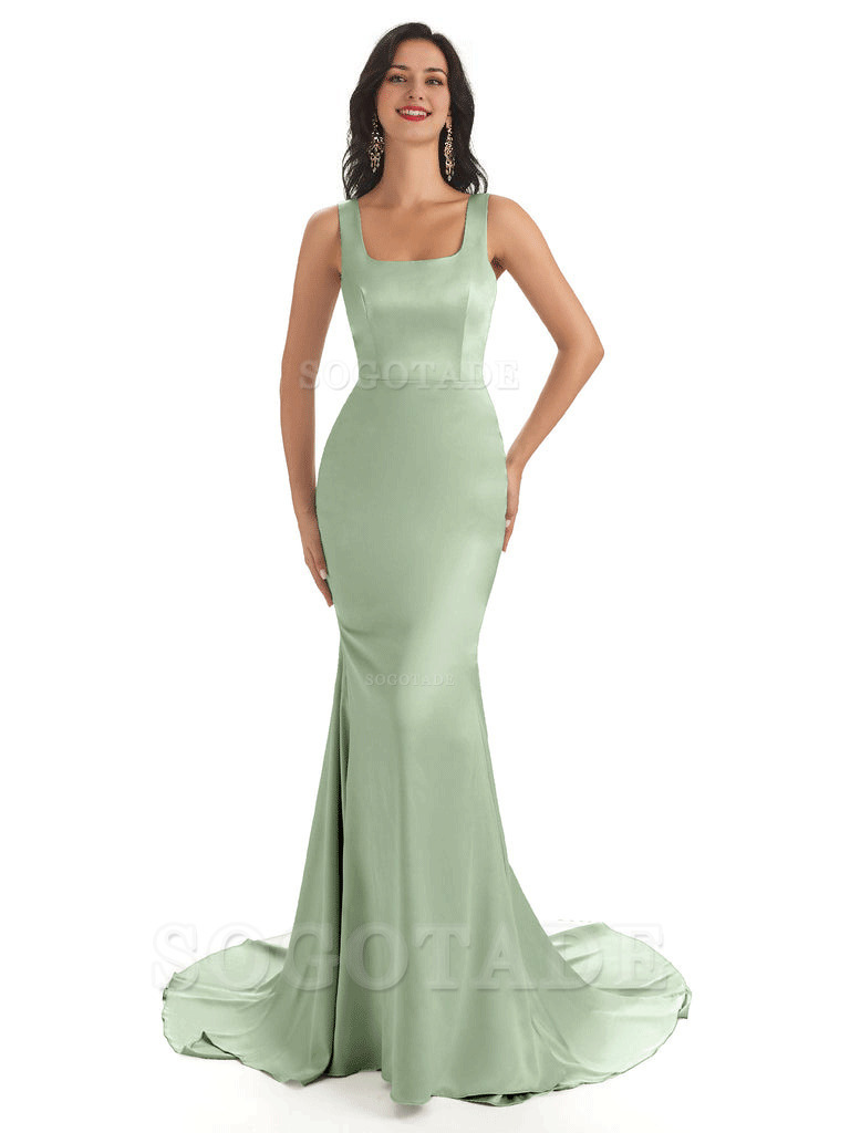 Soft Satin Unique Square Neckline Maxi Long Mermaid Bridesmaid Dresses