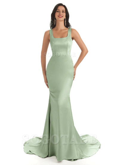 Soft Satin Unique Square Neckline Maxi Long Mermaid Bridesmaid Dresses