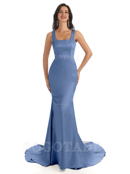 Soft Satin Unique Square Neckline Maxi Long Mermaid Bridesmaid Dresses