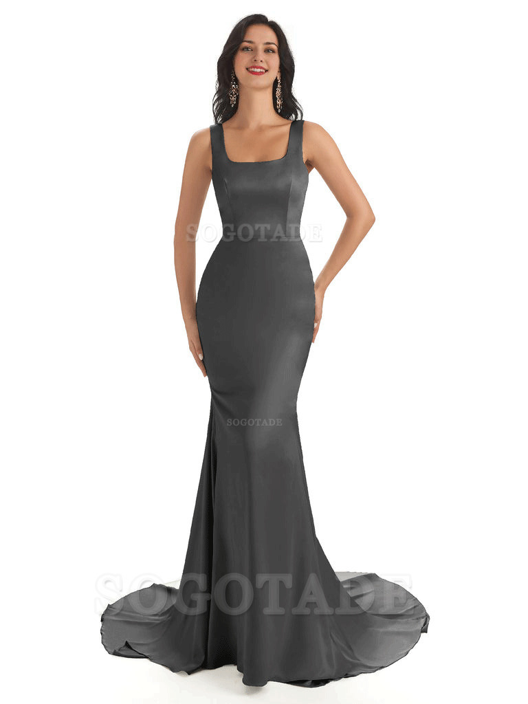 Soft Satin Unique Square Neckline Maxi Long Mermaid Bridesmaid Dresses