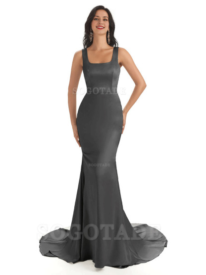 Soft Satin Unique Square Neckline Maxi Long Mermaid Bridesmaid Dresses