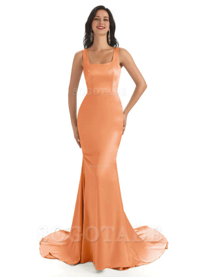 Soft Satin Unique Square Neckline Maxi Long Mermaid Bridesmaid Dresses