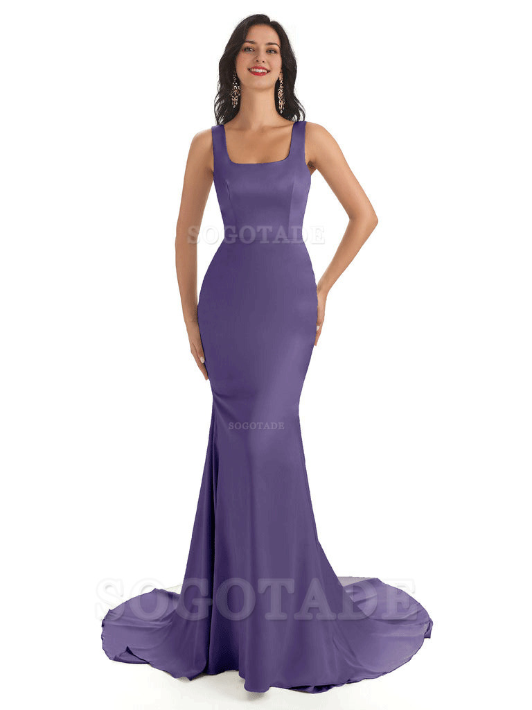Soft Satin Unique Square Neckline Maxi Long Mermaid Bridesmaid Dresses
