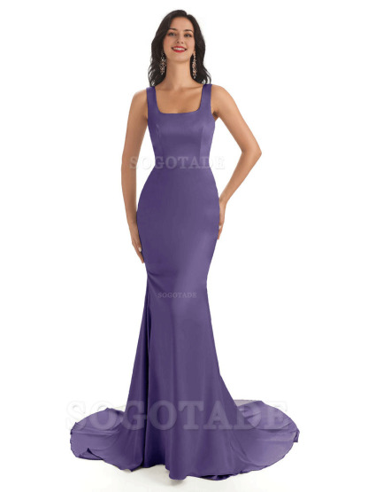 Soft Satin Unique Square Neckline Maxi Long Mermaid Bridesmaid Dresses