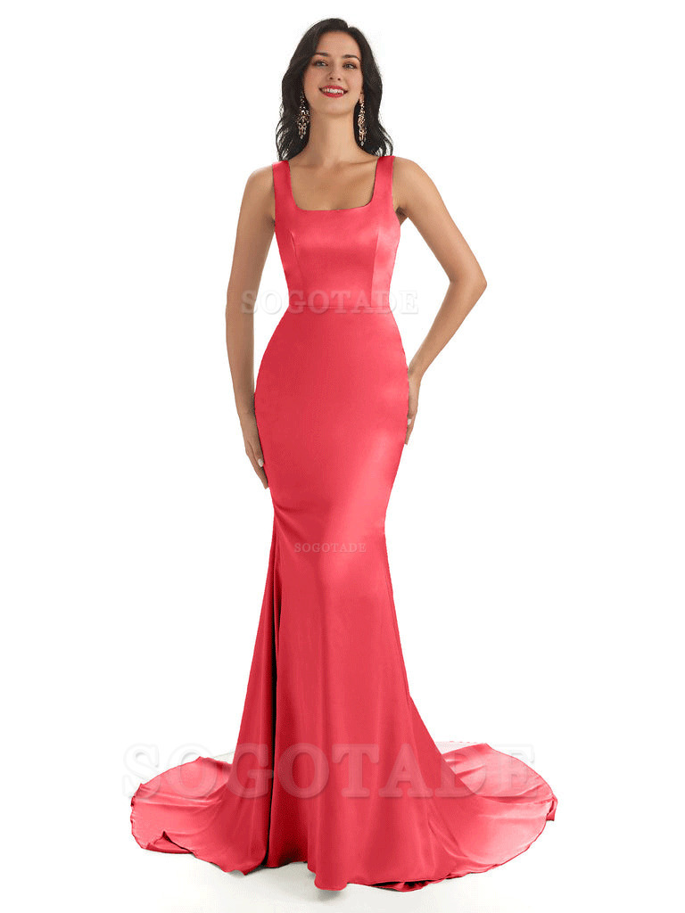 Soft Satin Unique Square Neckline Maxi Long Mermaid Bridesmaid Dresses