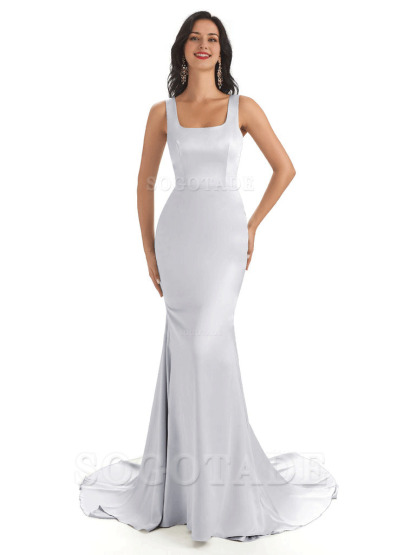 Soft Satin Unique Square Neckline Maxi Long Mermaid Bridesmaid Dresses