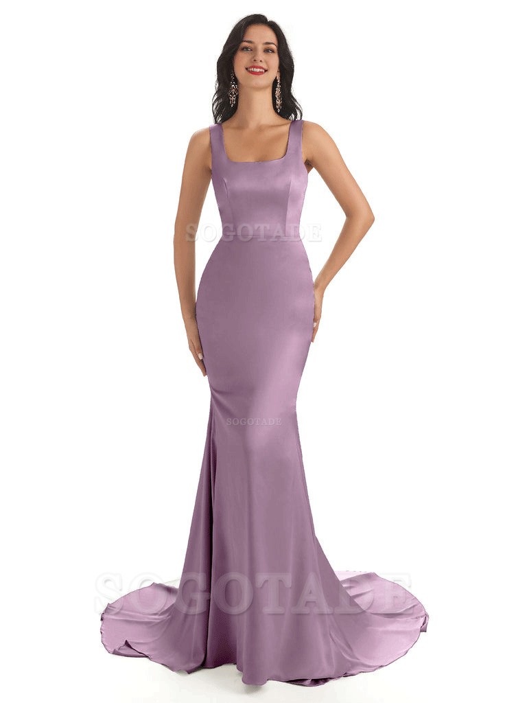 Soft Satin Unique Square Neckline Maxi Long Mermaid Bridesmaid Dresses