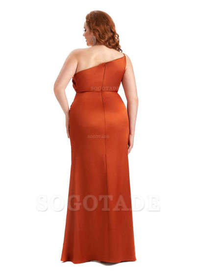 Sexy Side Slit One Shoulder Mermaid Soft Satin Long Plus Size Maid of Honour Dresses
