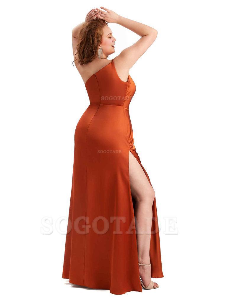 Sexy Side Slit One Shoulder Mermaid Soft Satin Long Plus Size Maid of Honour Dresses