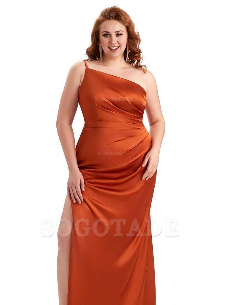 Sexy Side Slit One Shoulder Mermaid Soft Satin Long Plus Size Maid of Honour Dresses