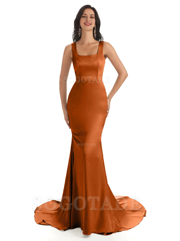 Soft Satin Unique Square Neckline Maxi Long Mermaid Bridesmaid Dresses