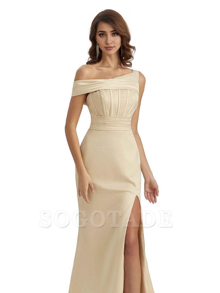 Elegant Asymmetrical Neck Soft Satin Side Slit Long Mermaid Bridesmaid Dresses