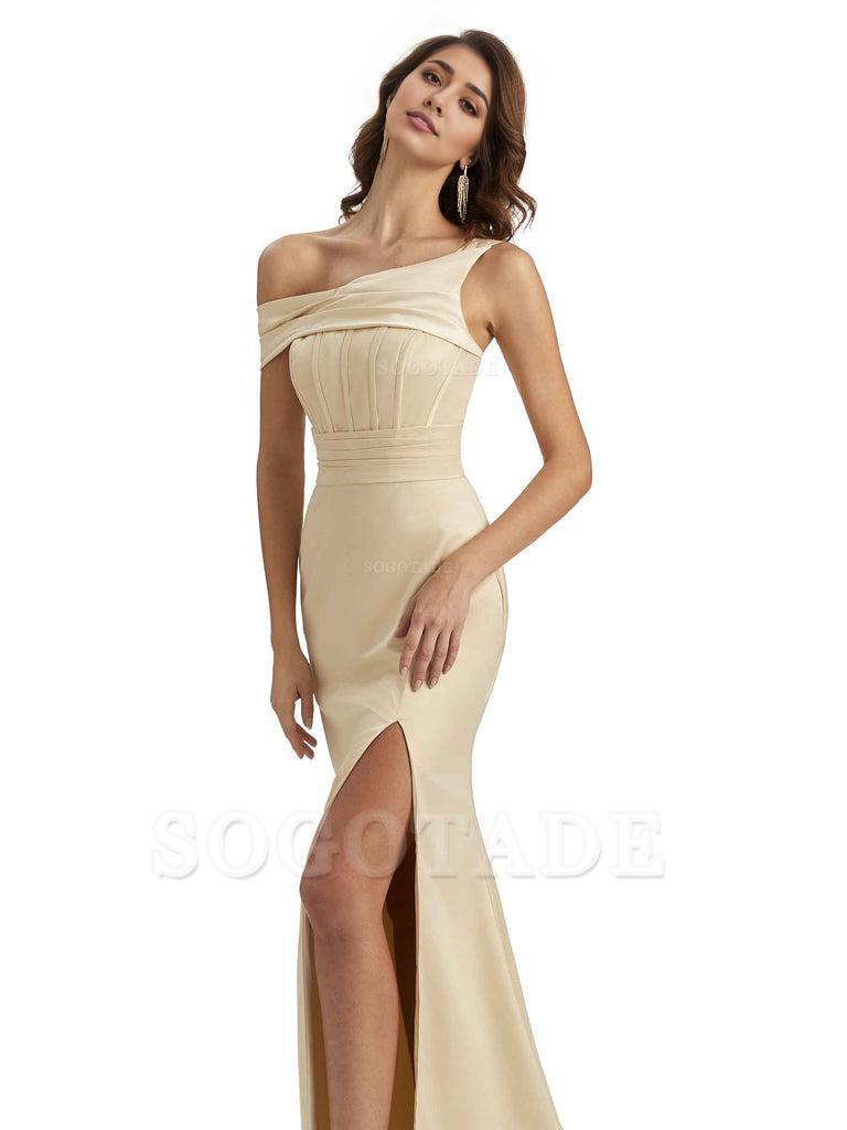 Elegant Asymmetrical Neck Soft Satin Side Slit Long Mermaid Bridesmaid Dresses