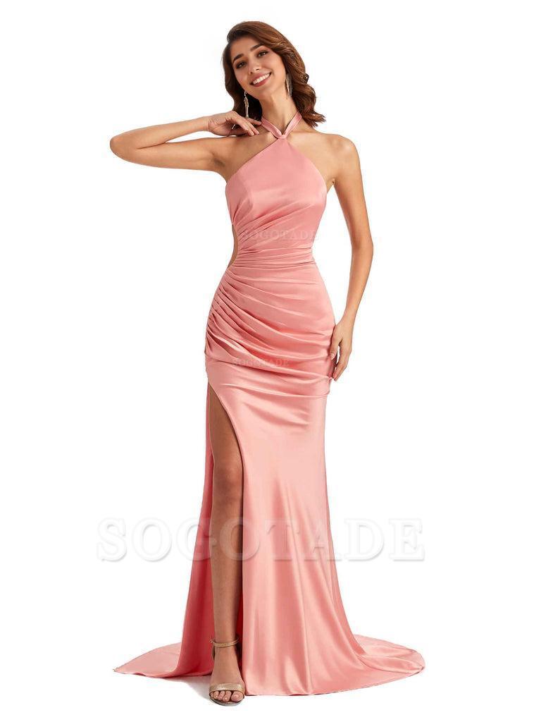 Sexy Halter Mermaid Silky Satin Unique Long Formal Wedding Guest Dresses