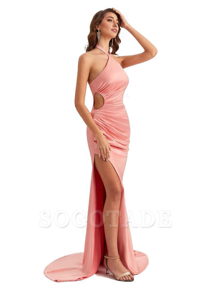 Sexy Halter Mermaid Silky Satin Unique Long Formal Wedding Guest Dresses