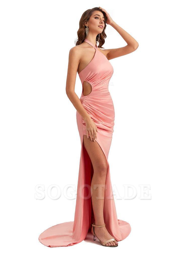 Sexy Halter Mermaid Silky Satin Unique Long Formal Wedding Guest Dresses