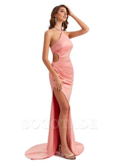Sexy Halter Mermaid Silky Satin Unique Long Formal Wedding Guest Dresses
