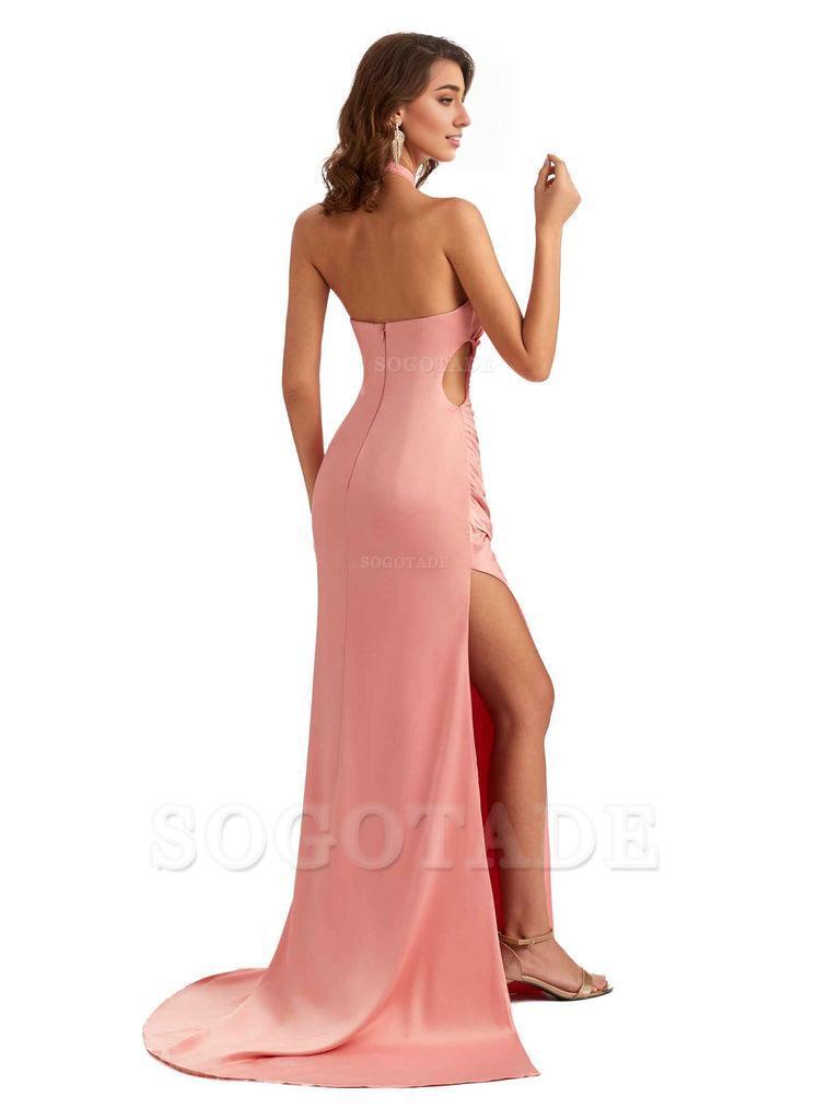 Sexy Halter Mermaid Silky Satin Unique Long Formal Wedding Guest Dresses