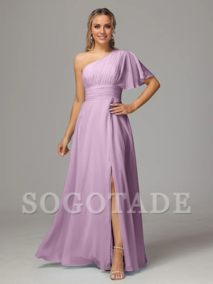 Asymmetric collar single sleeve pleated chiffon side slit and floor length bridesmaid dress