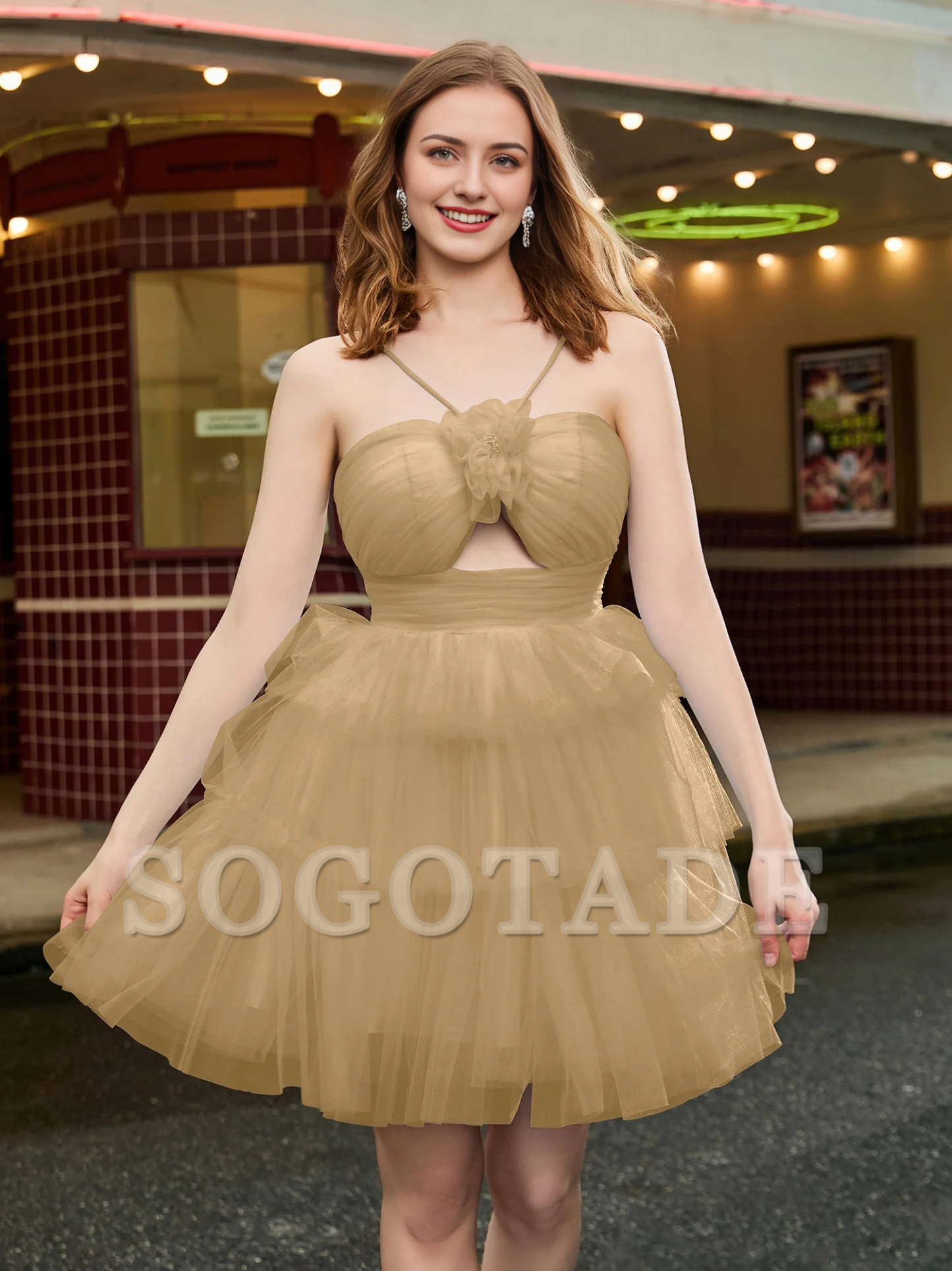A-line hanging neck thin gauze layered short Homecoming dress-SOGOTADE