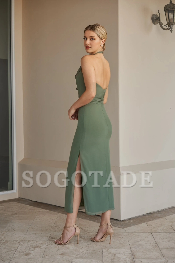 Hanging neck collar bow chiffon side slit medium length bridesmaid dress
