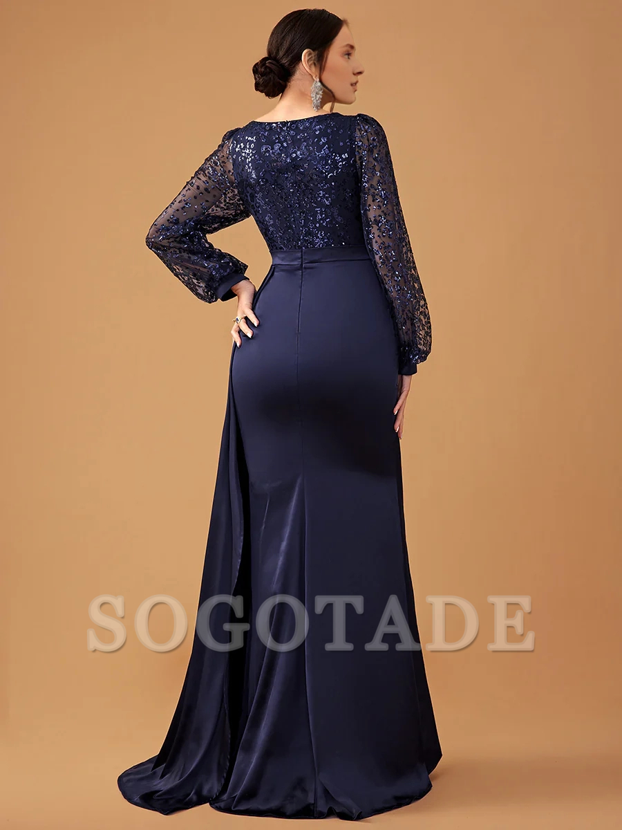 Lantern sleeve wrapped body splicing and ground length godons evening dresses